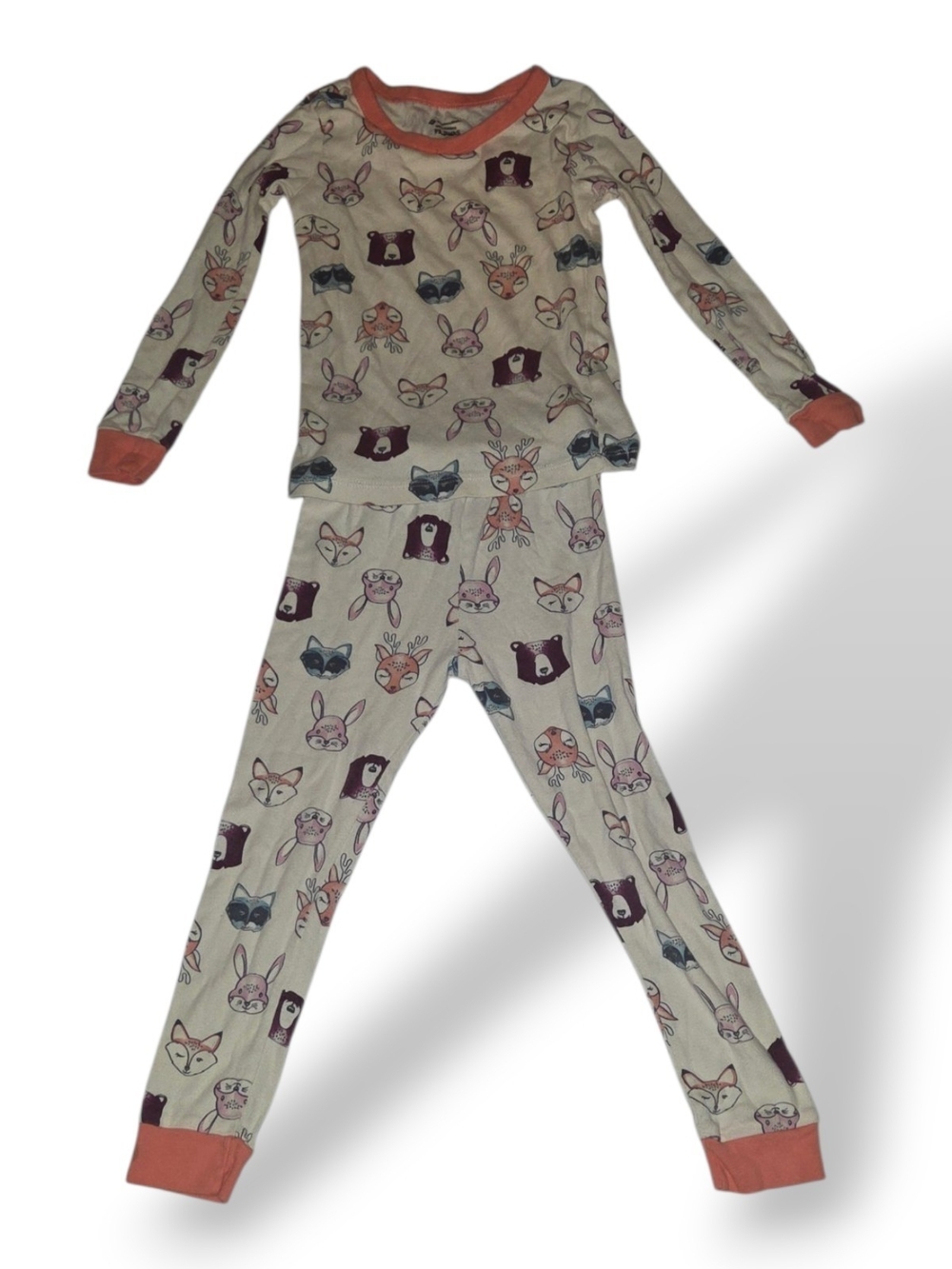 Cream Animal Face Long-Sleeve Kids Pajama Set with Rust Trim